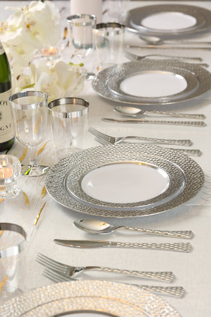 White and Silver Round Plastic Plates - Hammered Plate Pro Linens