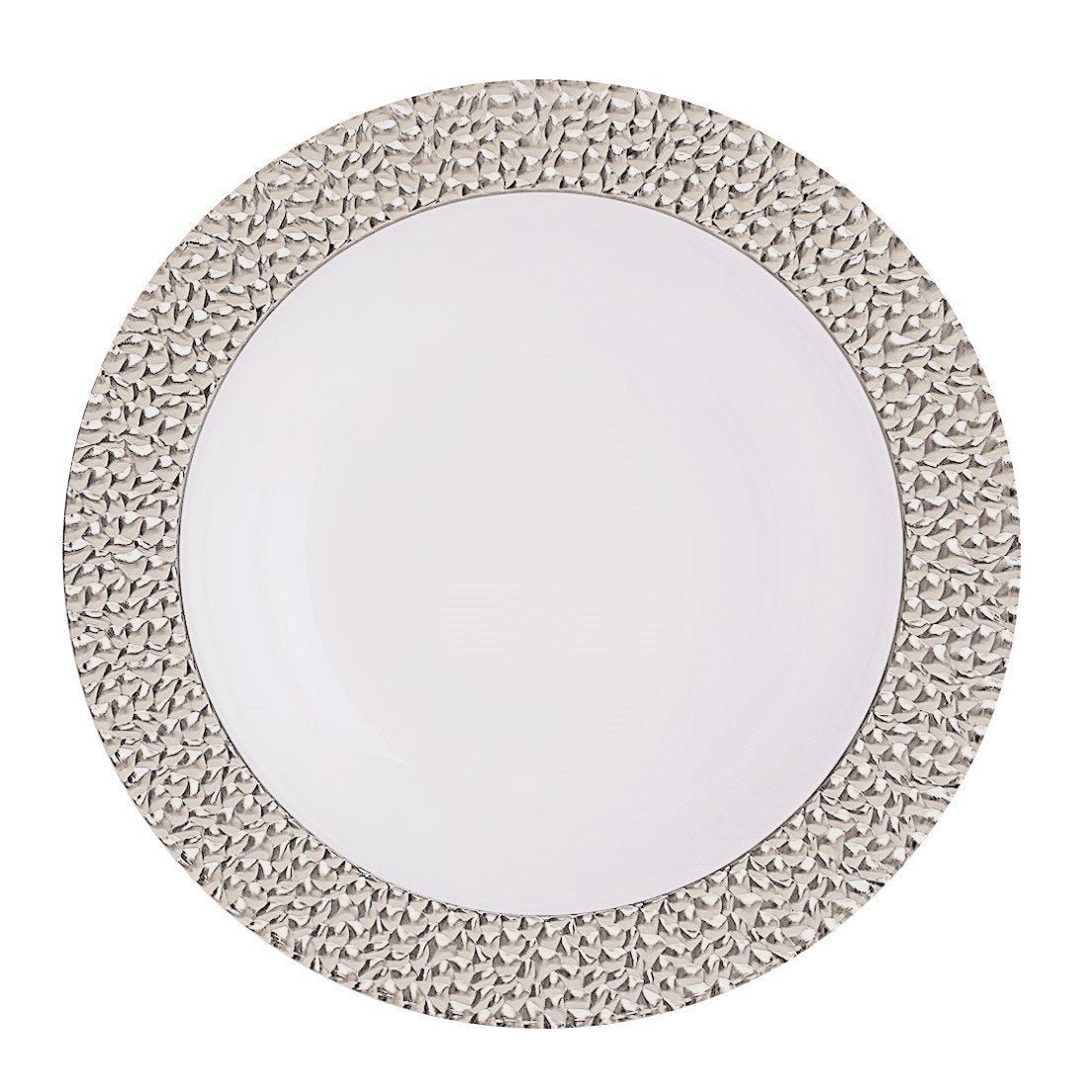 White and Silver Round Plastic Plates - Hammered Plate Pro Linens