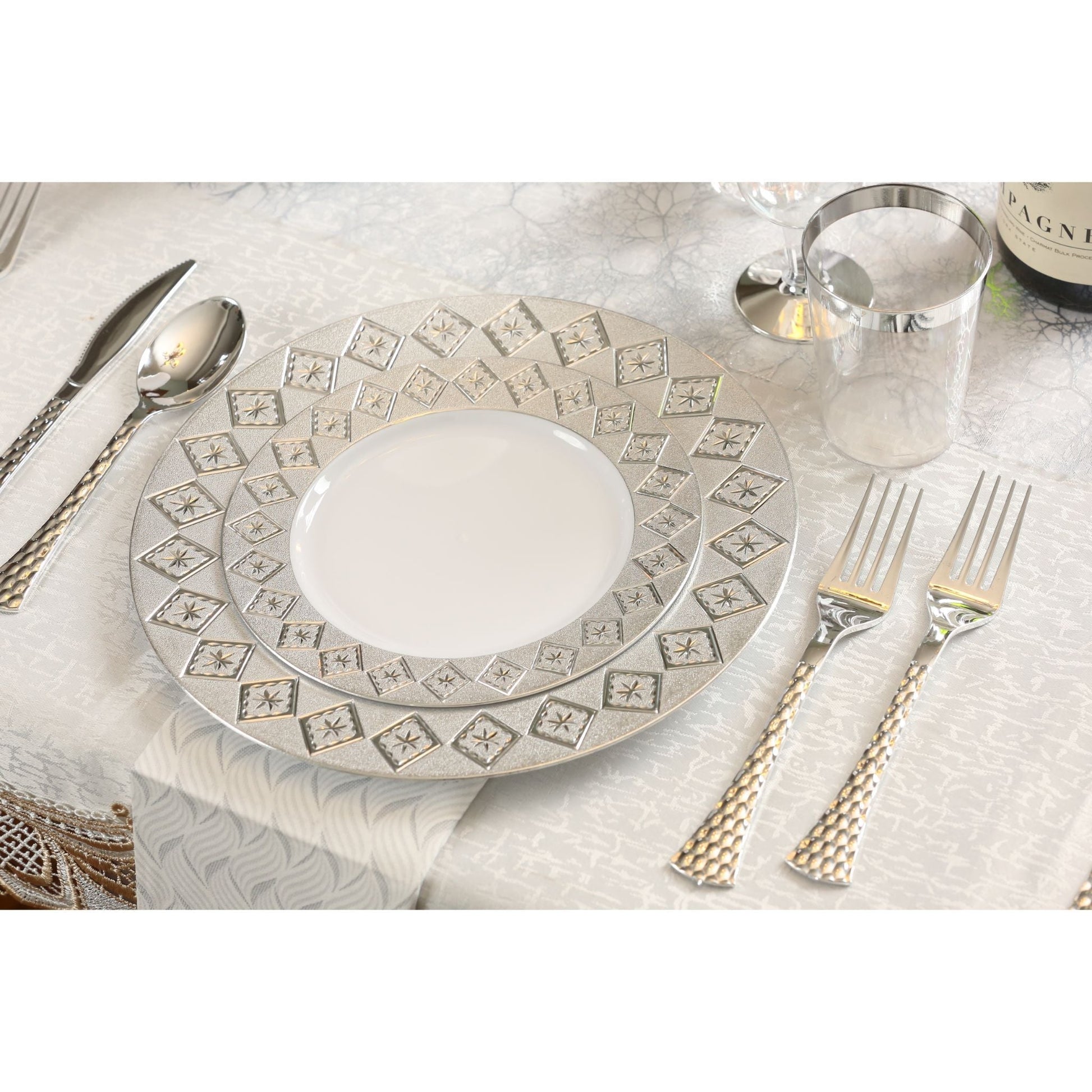 White and Silver Round Plastic Plates - Imperial Plate Pro Linens