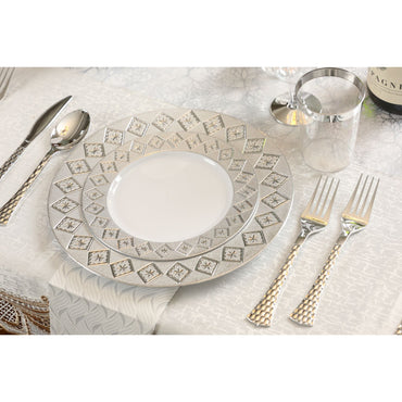 White and Silver Round Plastic Plates - Imperial - Pro Linens