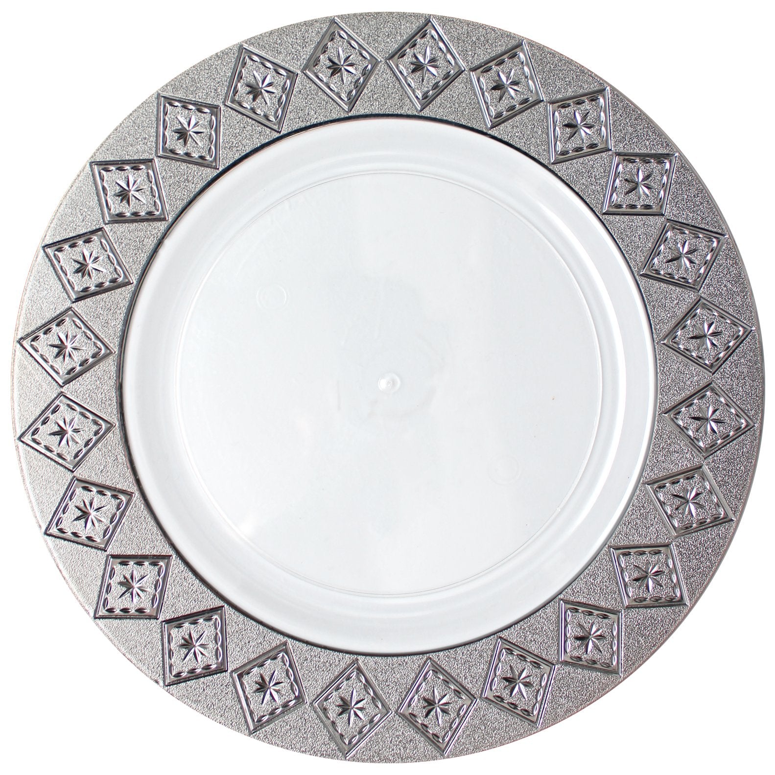 White and Silver Round Plastic Plates - Imperial Plate Pro Linens