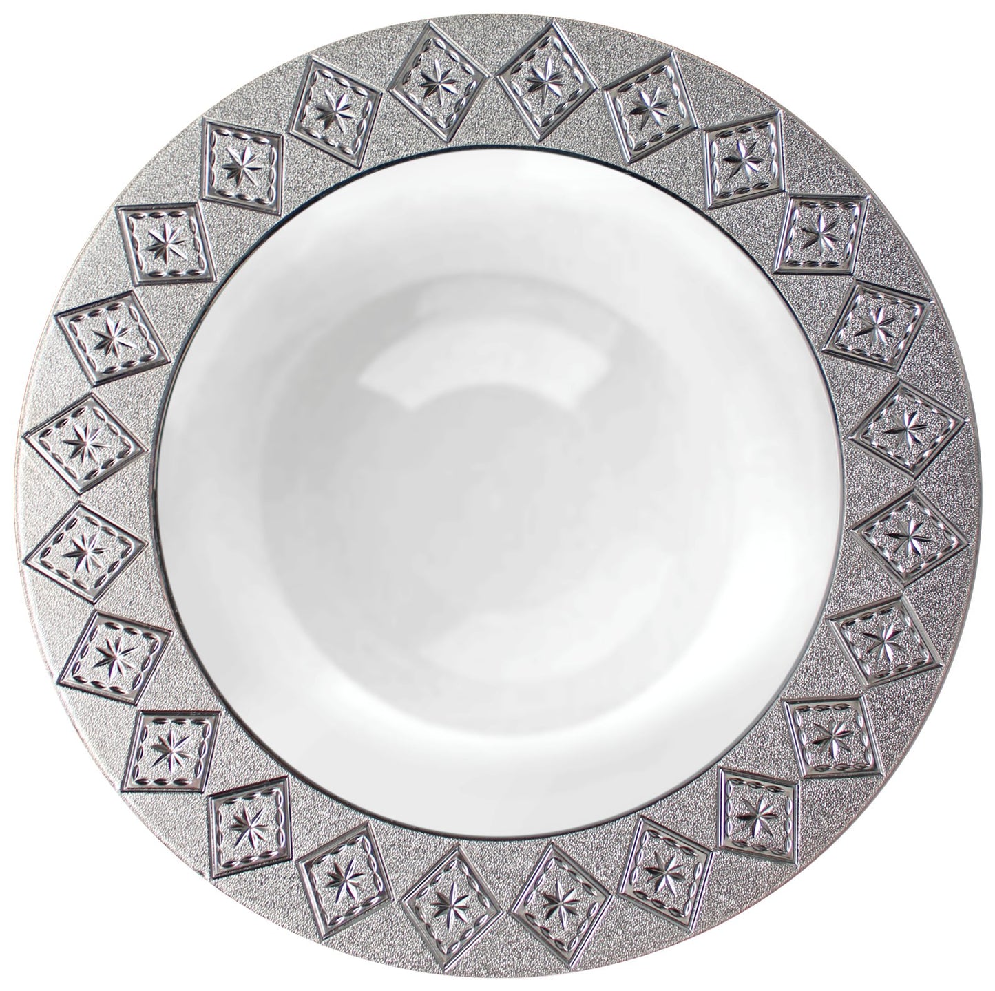 White and Silver Round Plastic Plates - Imperial Plate Pro Linens