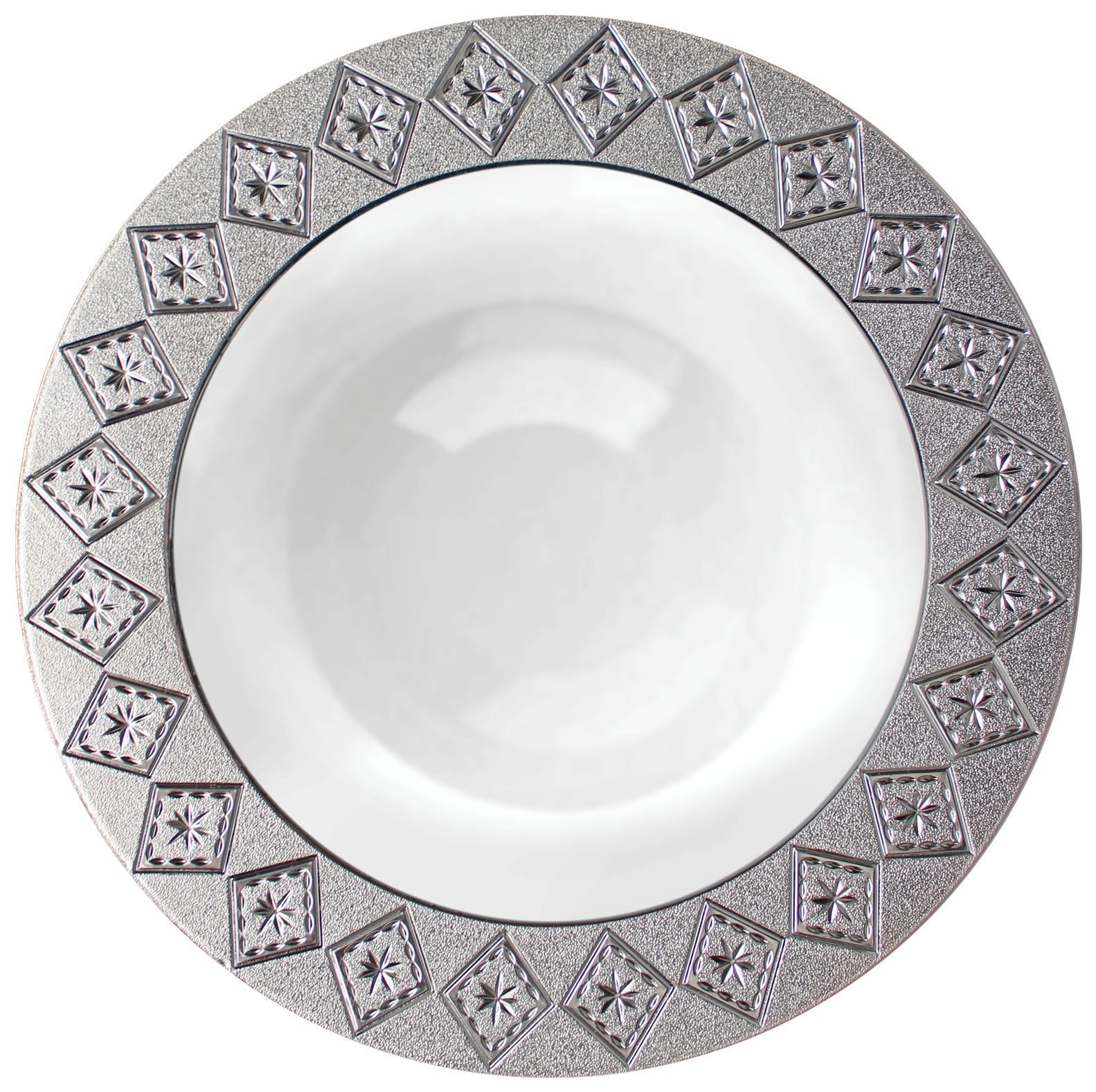 White and Silver Round Plastic Plates - Imperial - Pro Linens