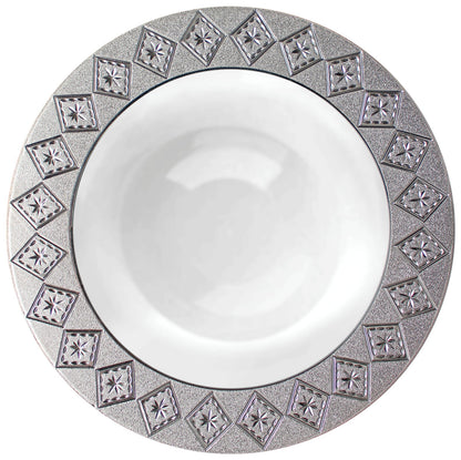 White and Silver Round Plastic Plates - Imperial Plate Pro Linens