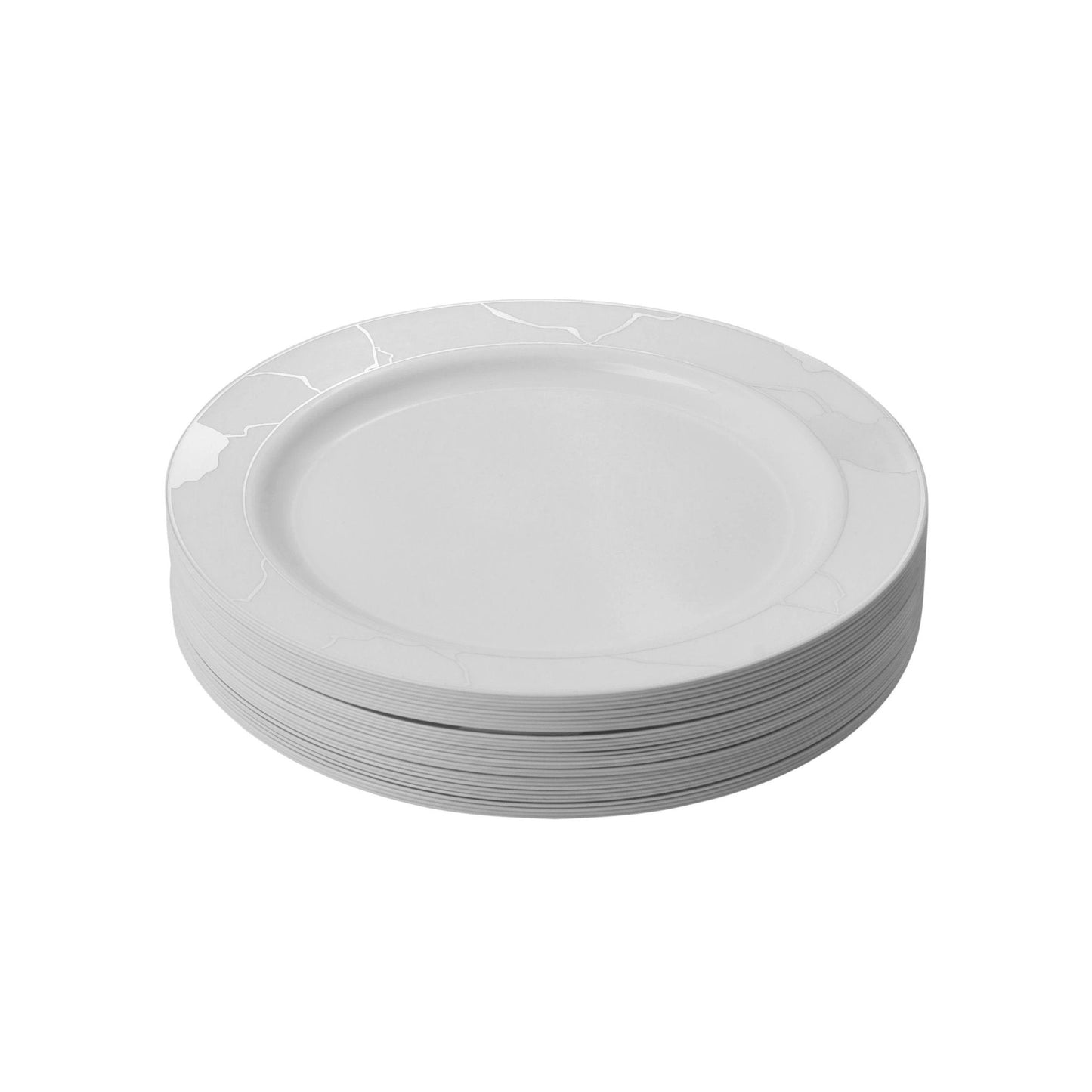 White and Silver Round Plastic Plates - Marble Plate Pro Linens