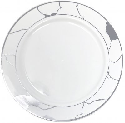 White and Silver Round Plastic Plates - Marble Plate Pro Linens