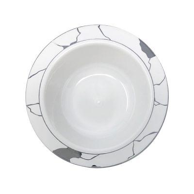 White and Silver Round Plastic Plates - Marble Plate Pro Linens