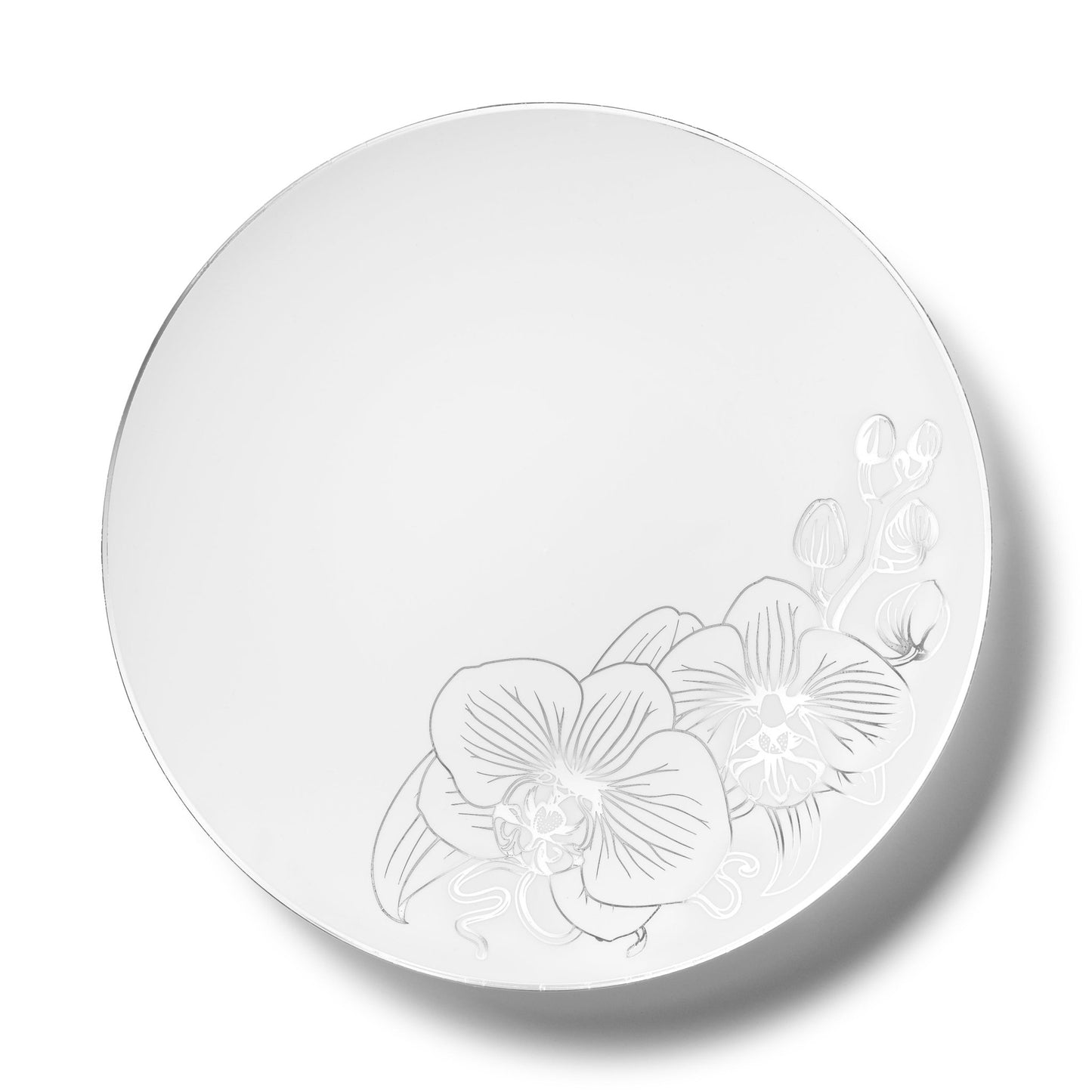 White and Silver Round Plastic Plates - Orchid Plate Pro Linens