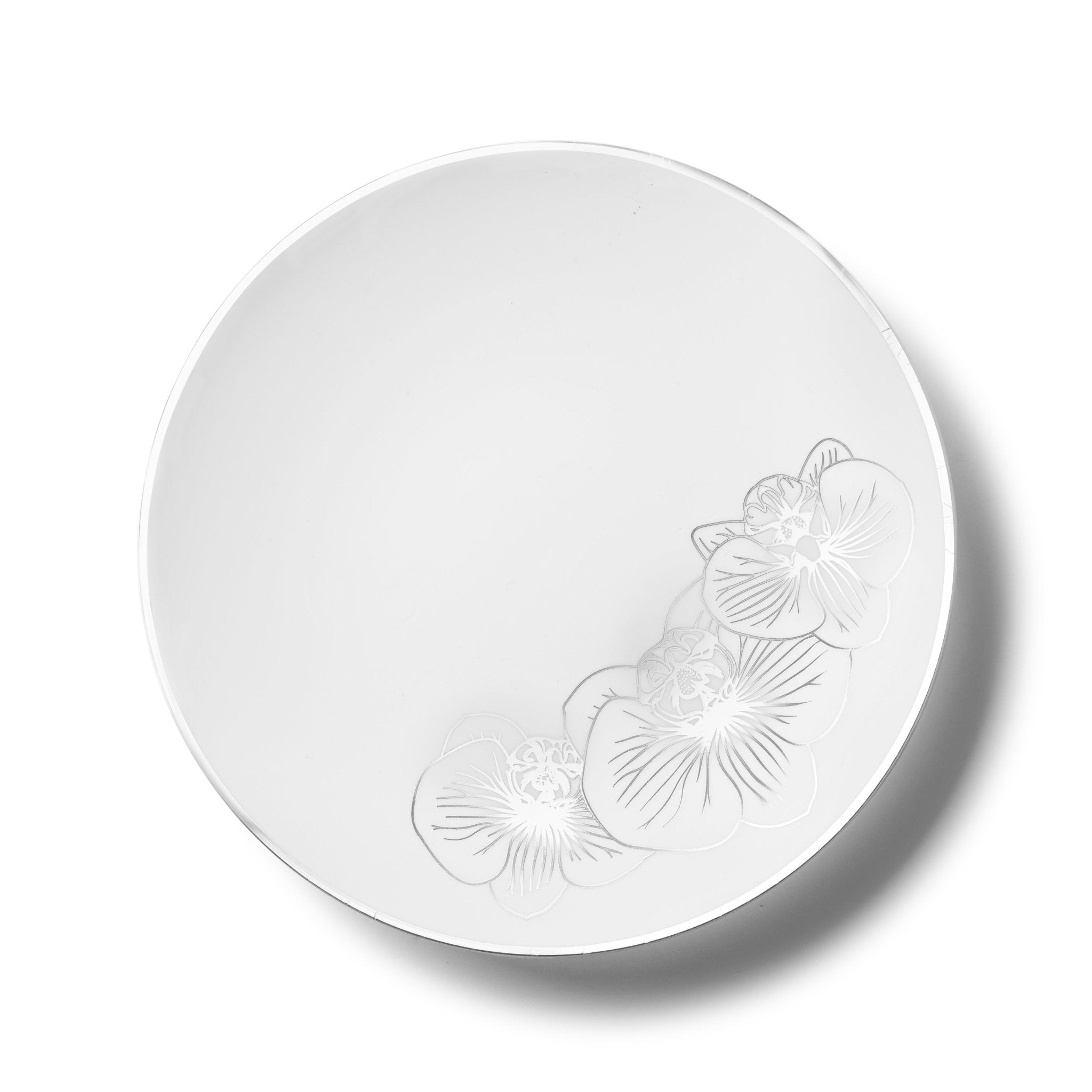 White and Silver Round Plastic Plates - Orchid - Pro Linens