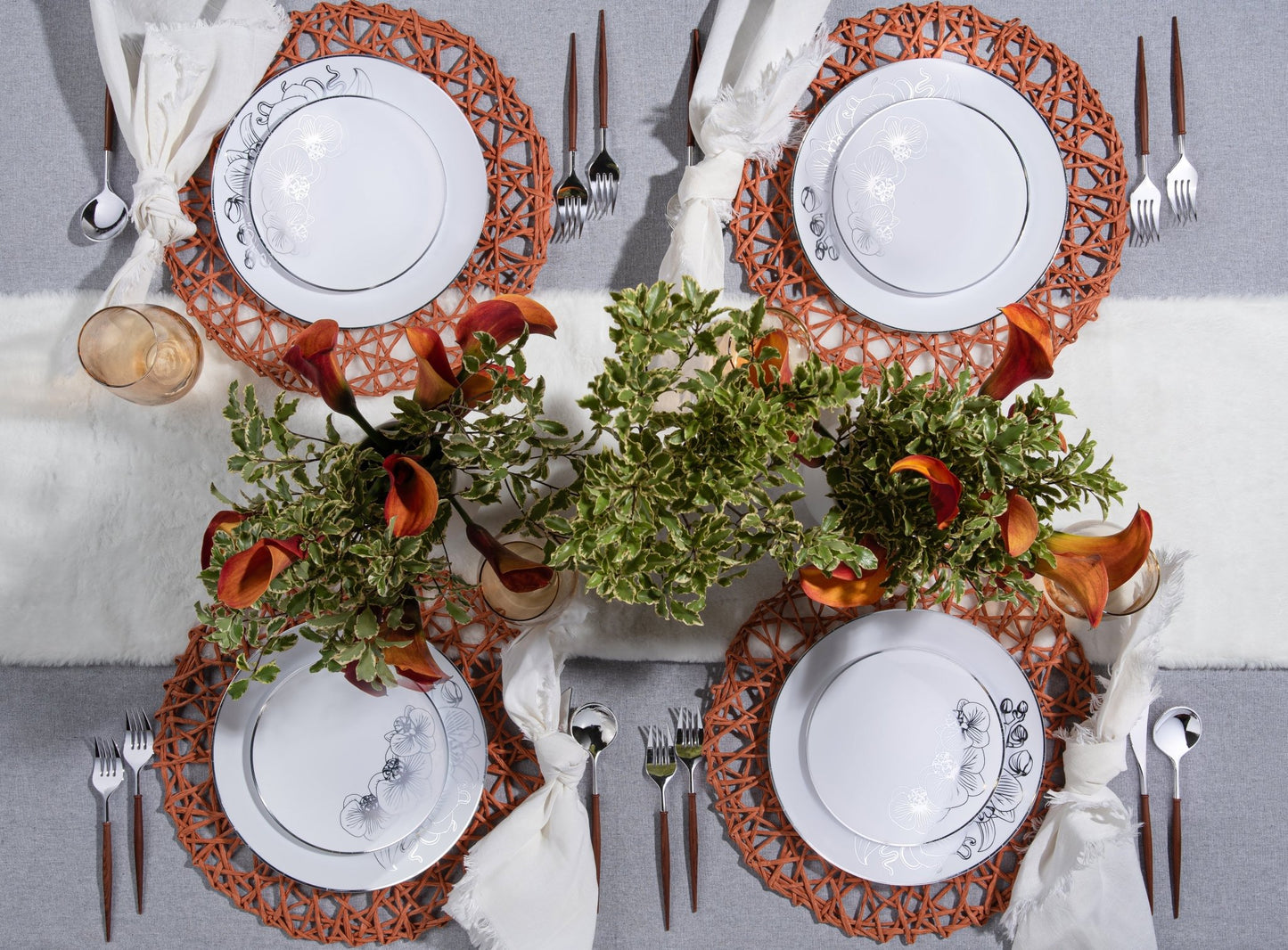 White and Silver Round Plastic Plates - Orchid Plate Pro Linens