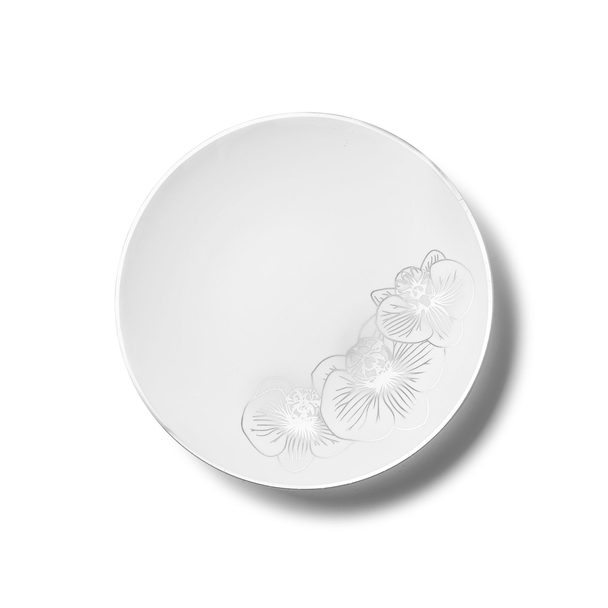 White and Silver Round Plastic Plates - Orchid - Pro Linens