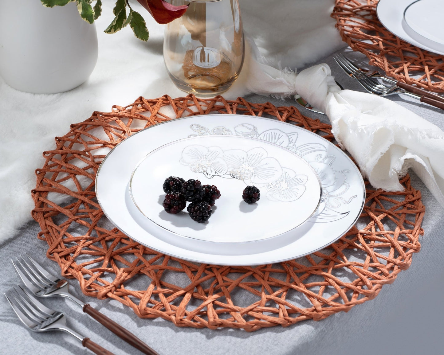 White and Silver Round Plastic Plates - Orchid Plate Pro Linens