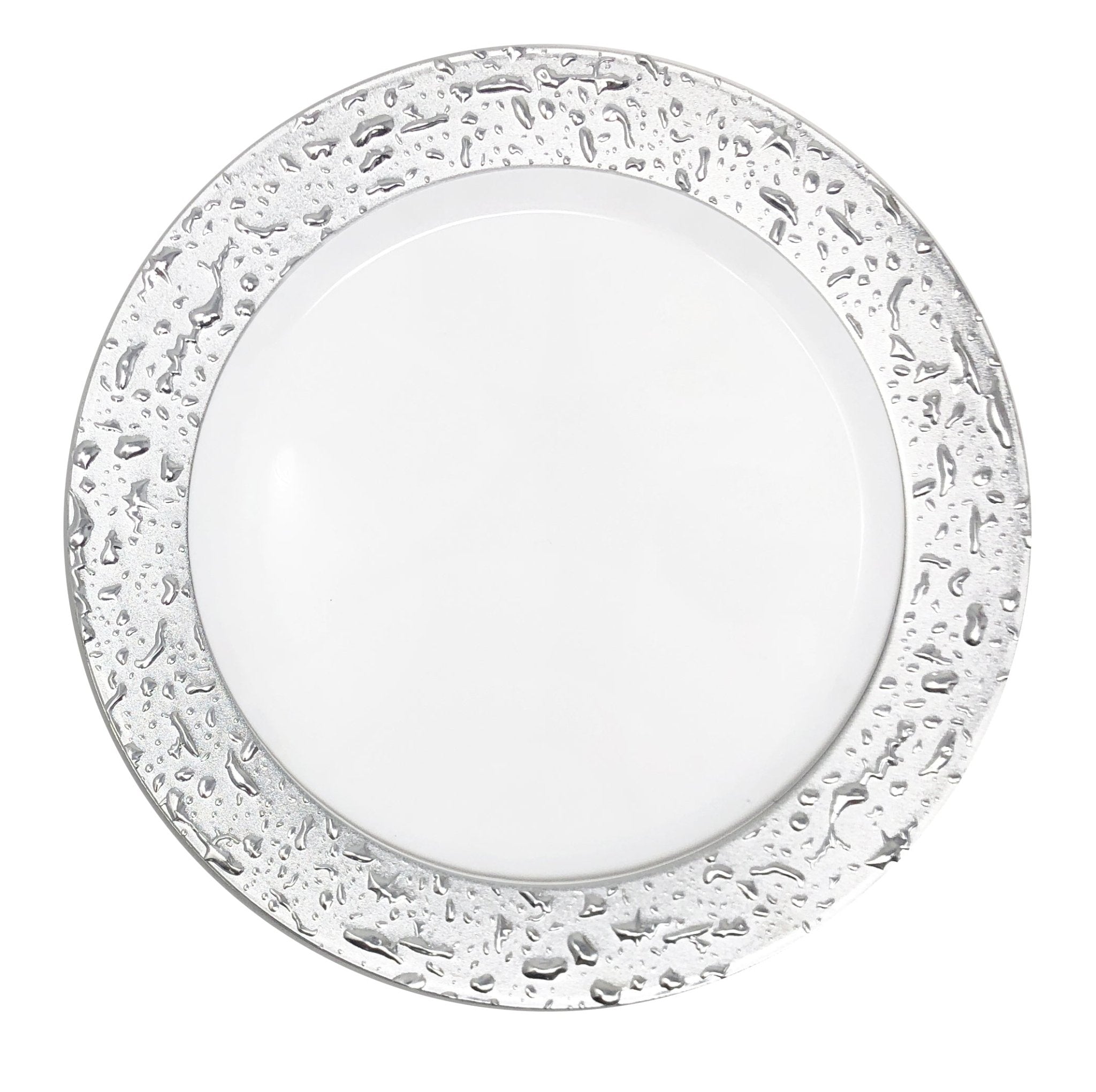 White and Silver Round Plastic Plates - Ros'ee - Pro Linens