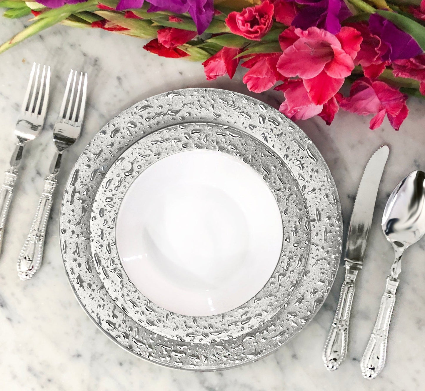 White and Silver Round Plastic Plates - Ros'ee Plate Pro Linens