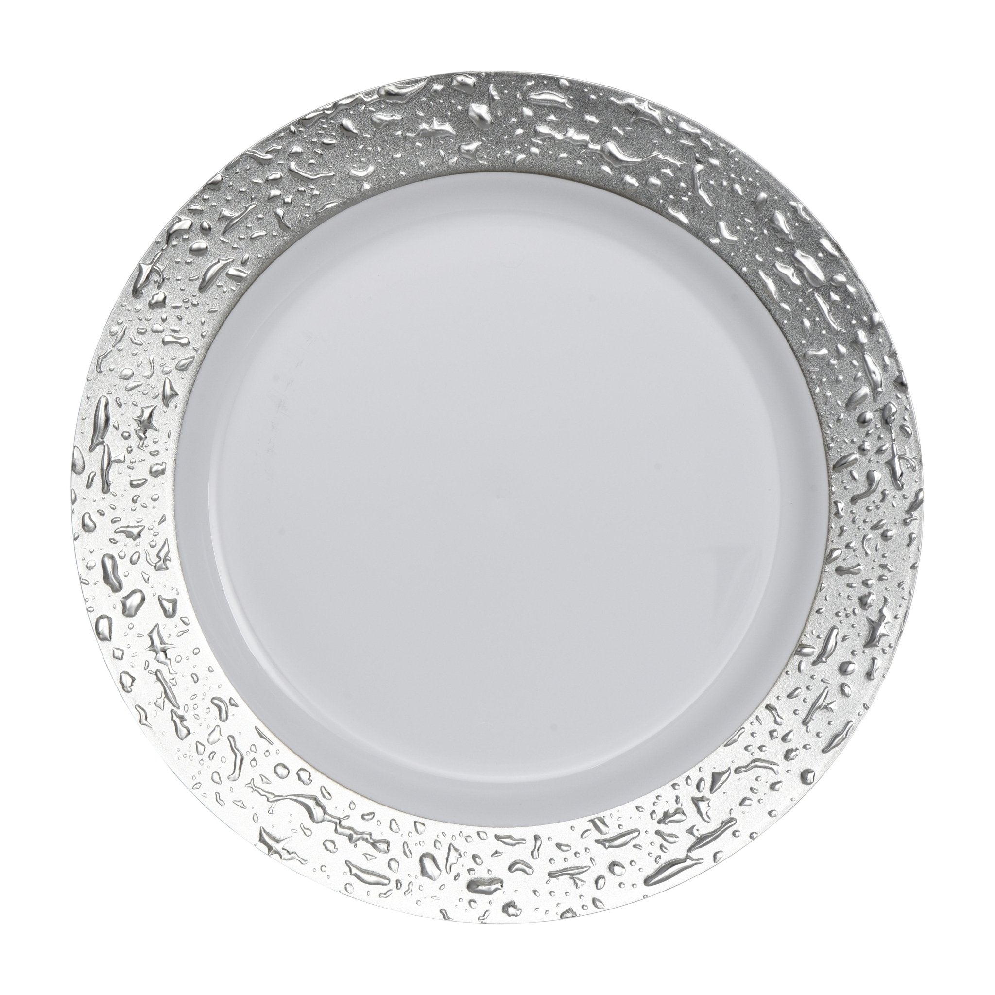 White and Silver Round Plastic Plates - Ros'ee - Pro Linens