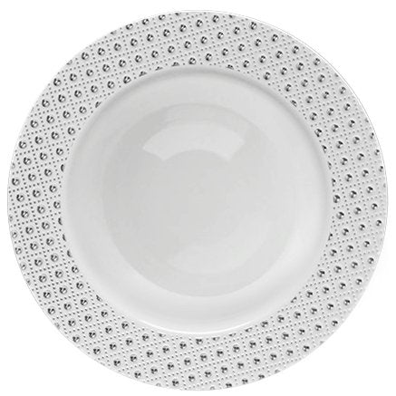 White and Silver Round Plastic Plates - Sphere Plate Pro Linens