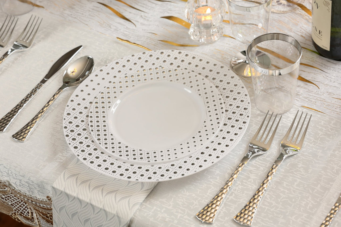 White and Silver Round Plastic Plates - Sphere Plate Pro Linens