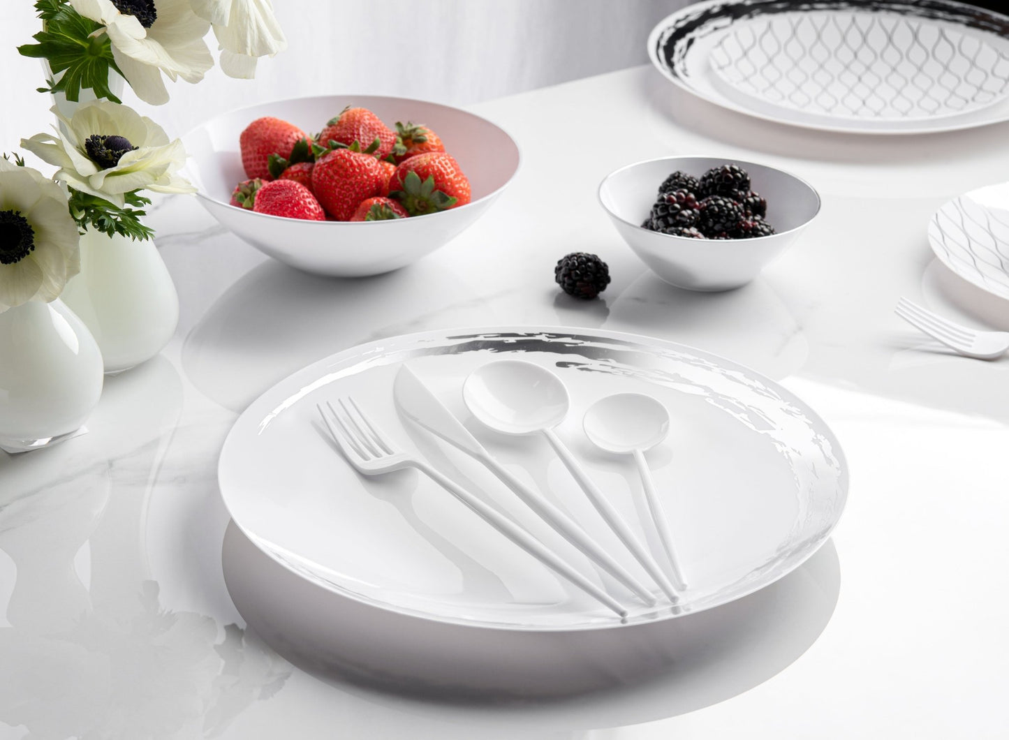 White and Silver Round Plastic Plates - Whisk Plate Pro Linens