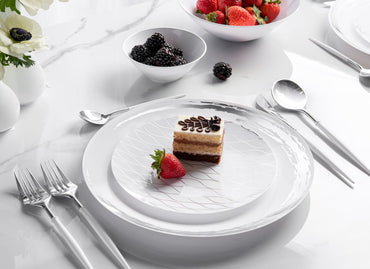 White and Silver Round Plastic Plates - Whisk - Pro Linens