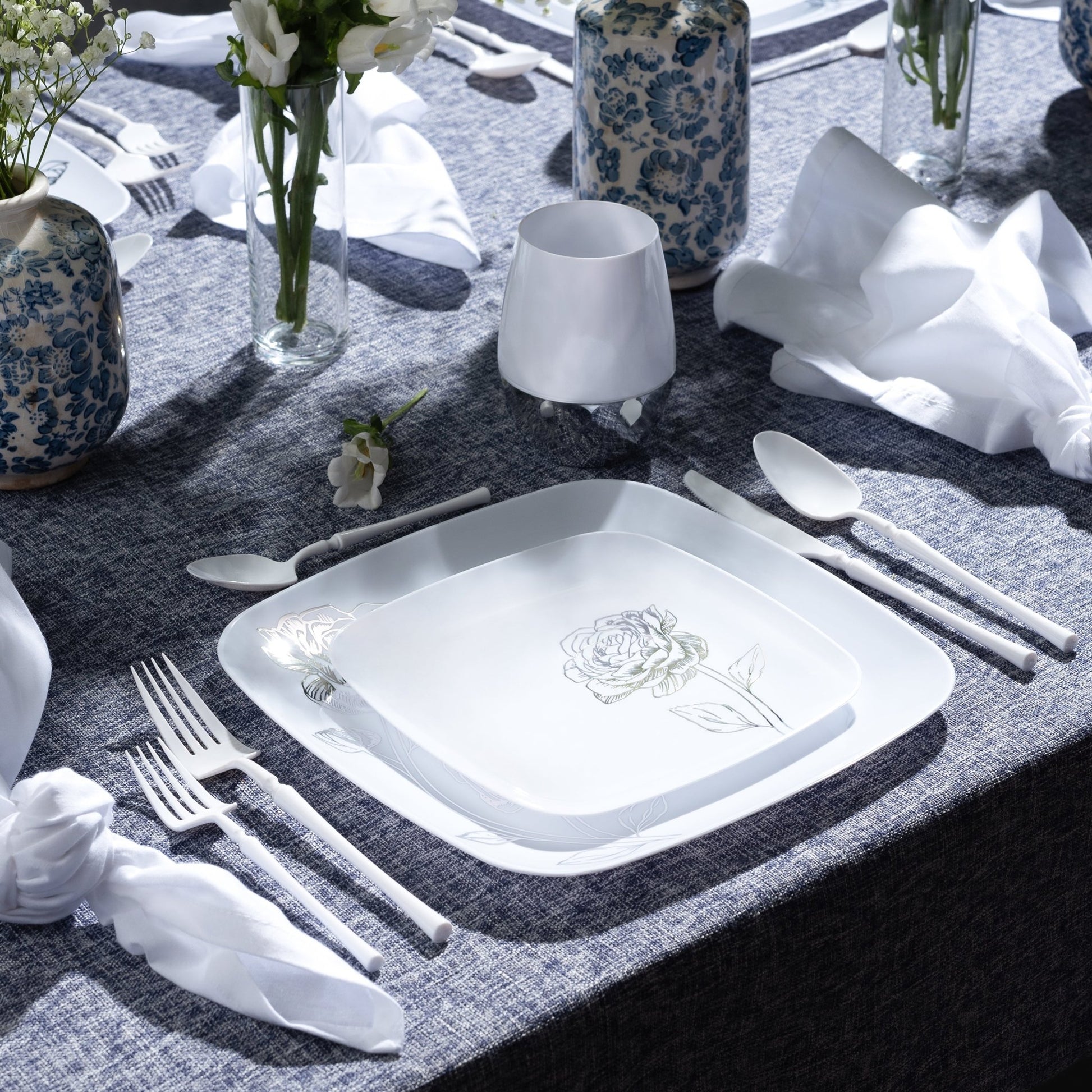 White and Silver Square Plastic Plates - Peony Plate Pro Linens