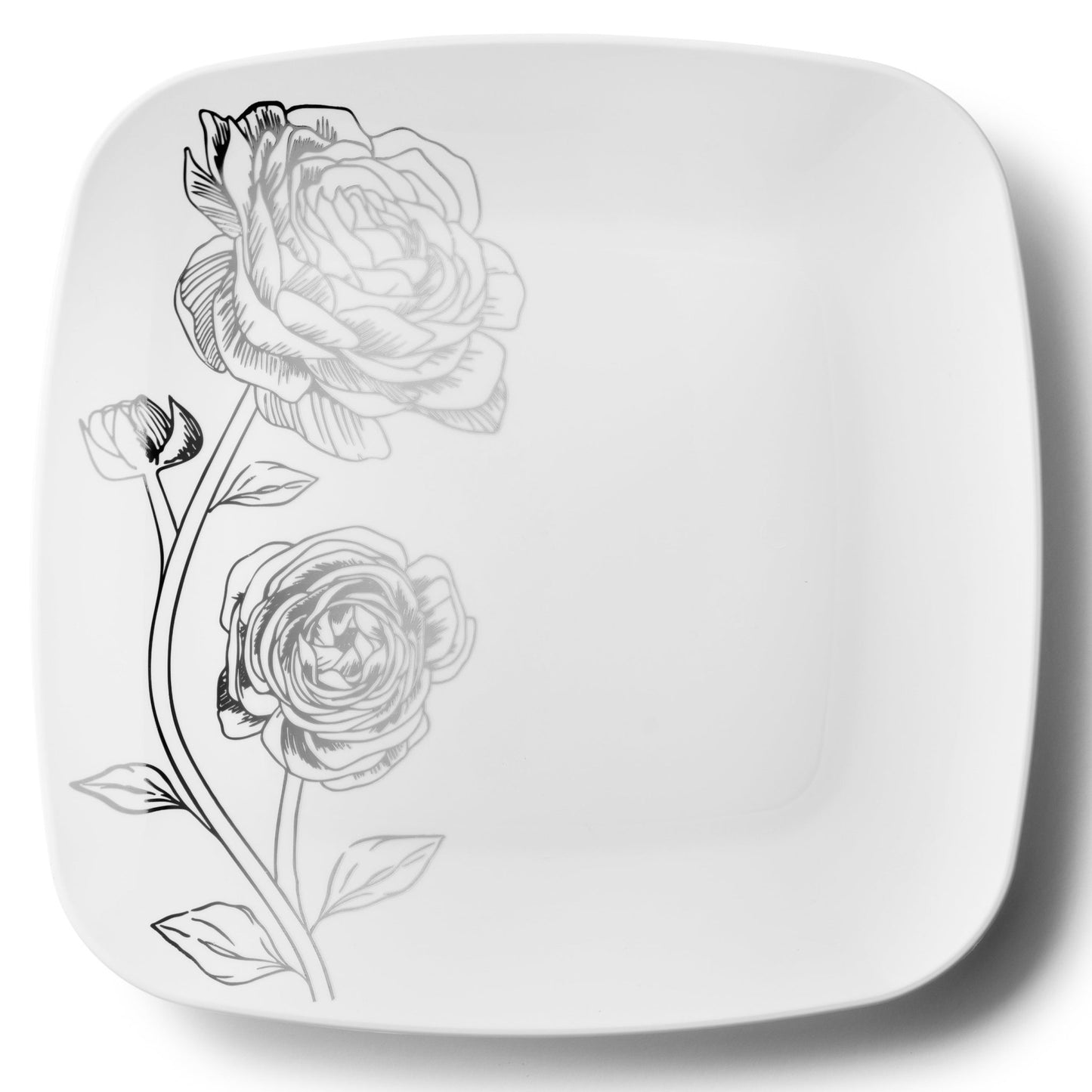 White and Silver Square Plastic Plates - Peony Plate Pro Linens