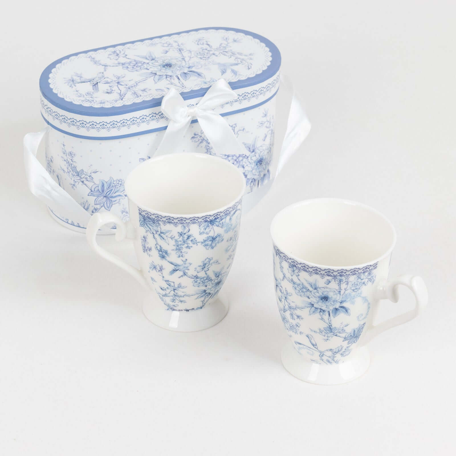 White Blue French Toile Bridal Shower Gift Set, 2 Pack Porcelain Tea Cups With Matching Keepsake Gift Box and Satin Ribbon Handle Pro Linens