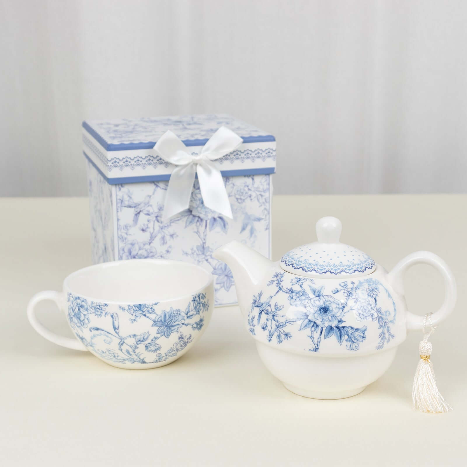 White Blue French Toile Bridal Shower Gift Set, Porcelain Teapot and Cup Set with Matching Keepsake Gift Box Pro Linens