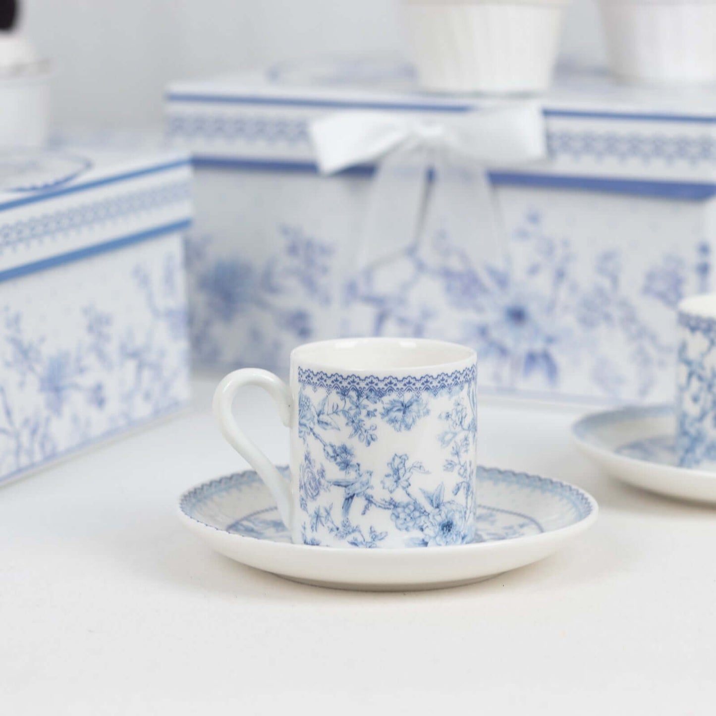 White Blue French Toile Bridal Shower Gift Set, Set of 2 Porcelain Espresso Cups and Saucers with Matching Keepsake Box Pro Linens