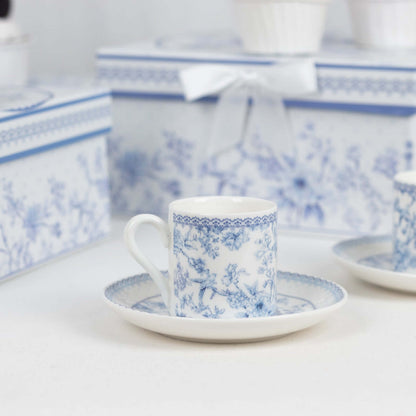 White Blue French Toile Bridal Shower Gift Set, Set of 2 Porcelain Espresso Cups and Saucers with Matching Keepsake Box Pro Linens