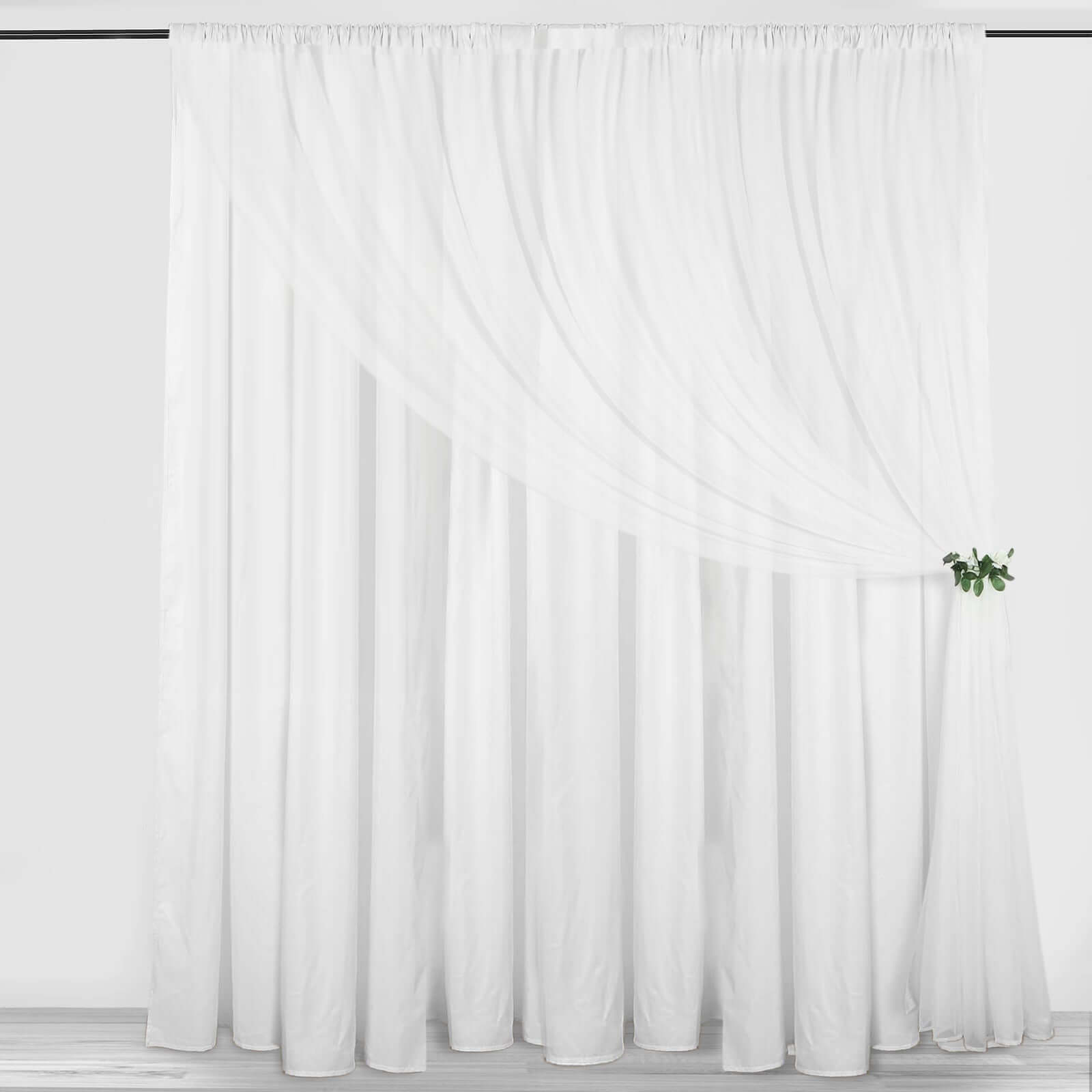 White Chiffon Polyester Event Curtain Drapes, Dual Layer Divider Backdrop Curtain Panels with Rod Pockets - 10ftx10ft Pro Linens