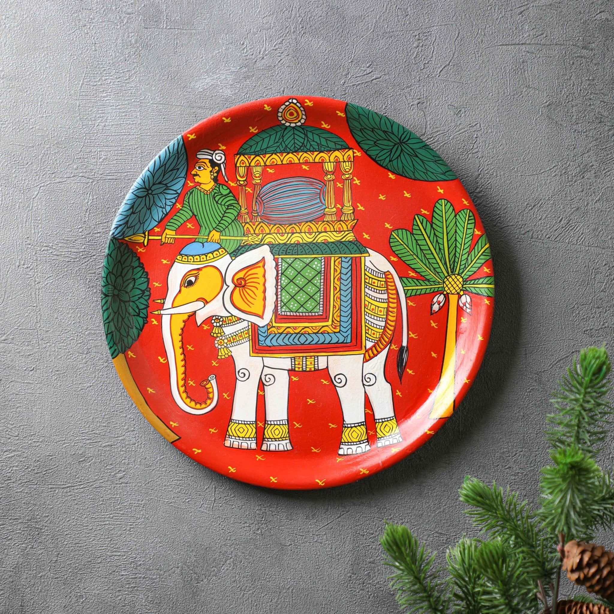 White Elephant Ride Cheriyal Wall Plate - 12" Cheriyal Art PRO Indian