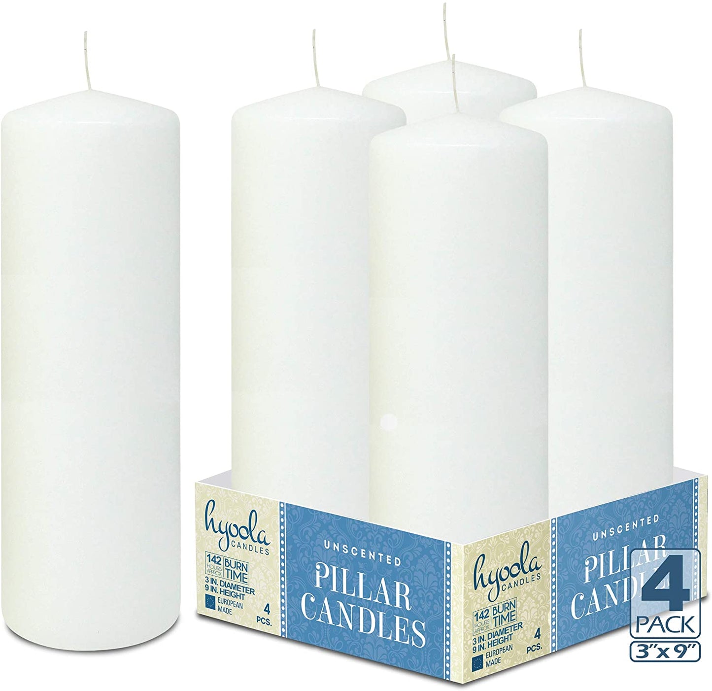 White Pillar Candles Unscented Dripless Clean Burning Smokeless Dinner Candle 3" x 9" 4 Pack - Pro Linens