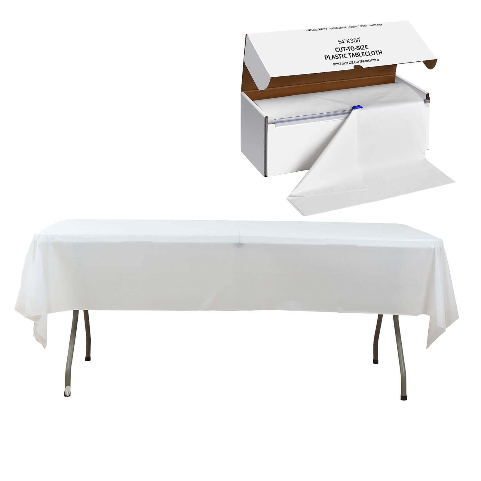 White Plastic Tablecloth Roll in A Cut - to - Size Box with Slide Cutter, Cuts Up to 36 Rectangle 8 Feet Disposable Table Covers - 54"x300ft - Pro Linens