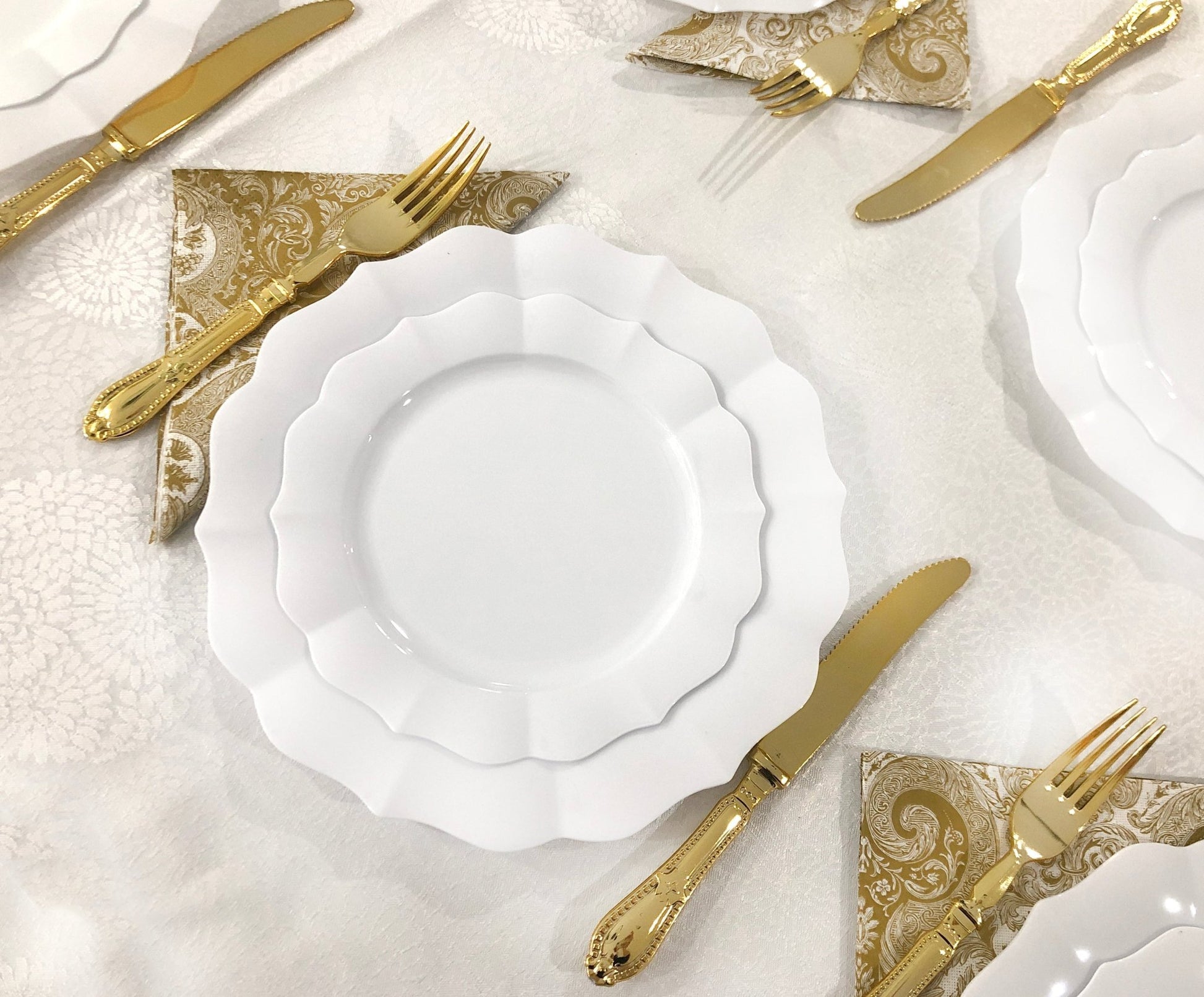 White Round Plastic Plates - Scalloped - Pro Linens