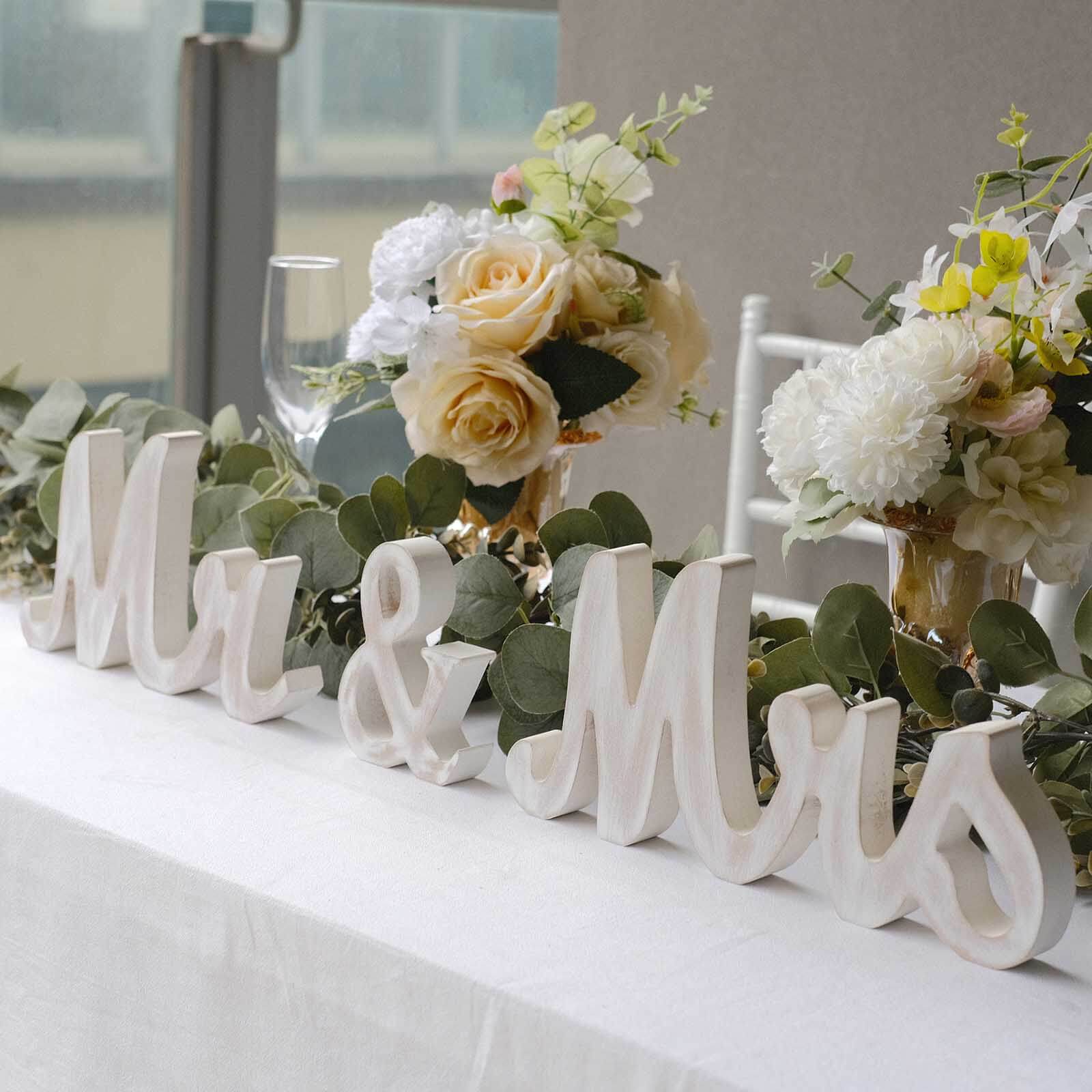 Whitewashed Rustic Wooden "Mr & Mrs" Wedding Table Display Signs, Farmhouse Chic Freestanding Letter Photo Props - Pro Linens