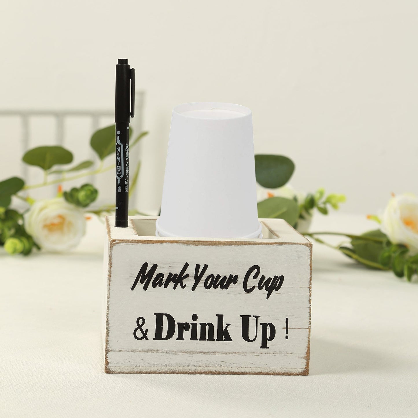 Whitewashed Wooden Solo Cup Holder with Black Marker Pen, 5.5" Square Rustic Farmhouse Party Cup Dispenser Box with Mark Your Cup and Drink Up Print Pro Linens